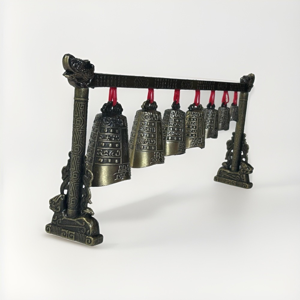 Rare Musical Meditation Gong 7 Ornate Bells with Hammer Dragon Design Feng Shui